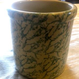 R. RANSBOTTOM 2 QT. HIGH JAR CROCK GREEN SPONGEWARE SPATTERWARE ROSEVILLE OHIO